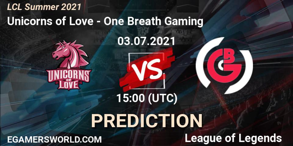Pronósticos Unicorns of Love - One Breath Gaming. 03.07.2021 at 15:00. LCL Summer 2021 - LoL