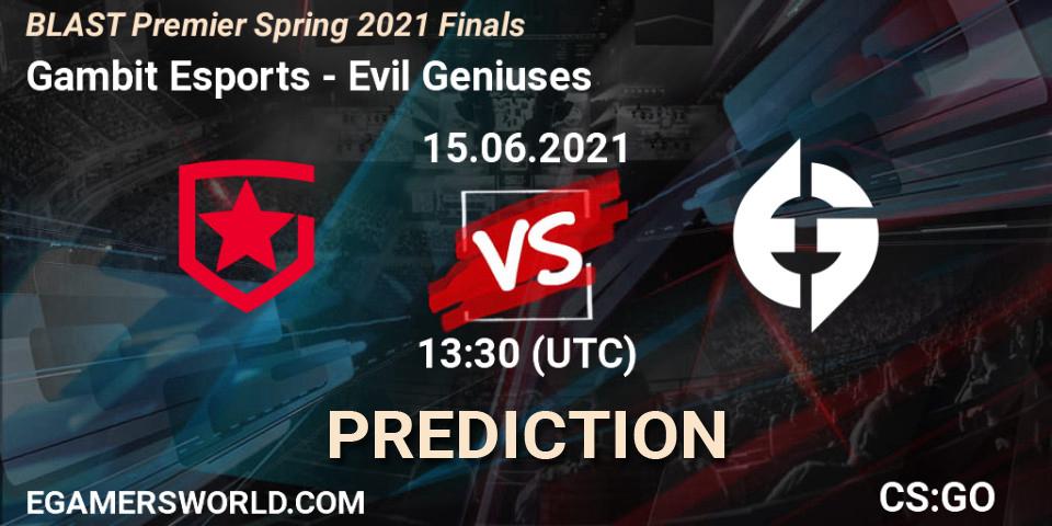 Pronósticos Gambit Esports - Evil Geniuses. 15.06.2021 at 13:30. BLAST Premier Spring 2021 Finals - Counter-Strike (CS2)