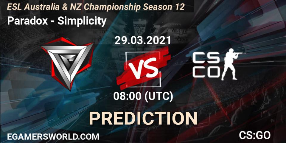 Pronósticos Paradox - Simplicity. 29.03.2021 at 08:40. ESL Australia & NZ Championship Season 12 - Counter-Strike (CS2)