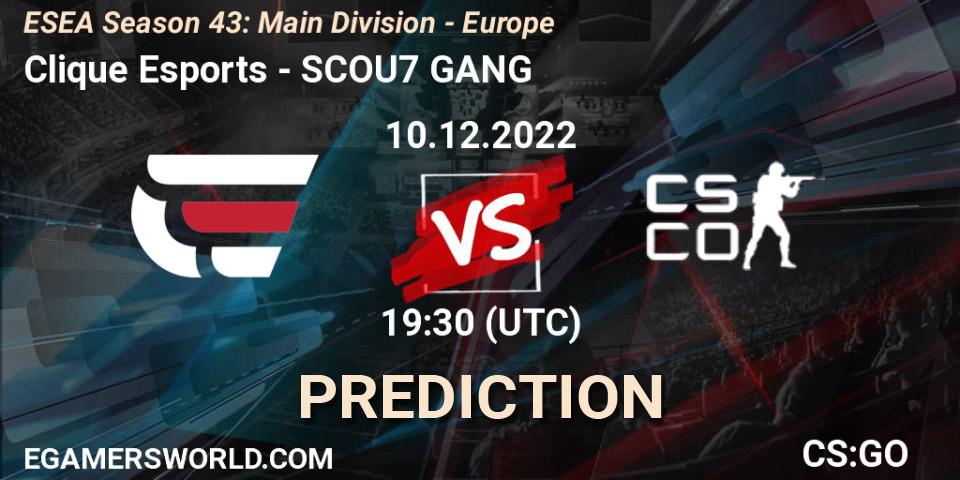 Pronósticos Clique Esports - SCOU7 GANG. 10.12.2022 at 19:30. ESEA Season 43: Main Division - Europe - Counter-Strike (CS2)