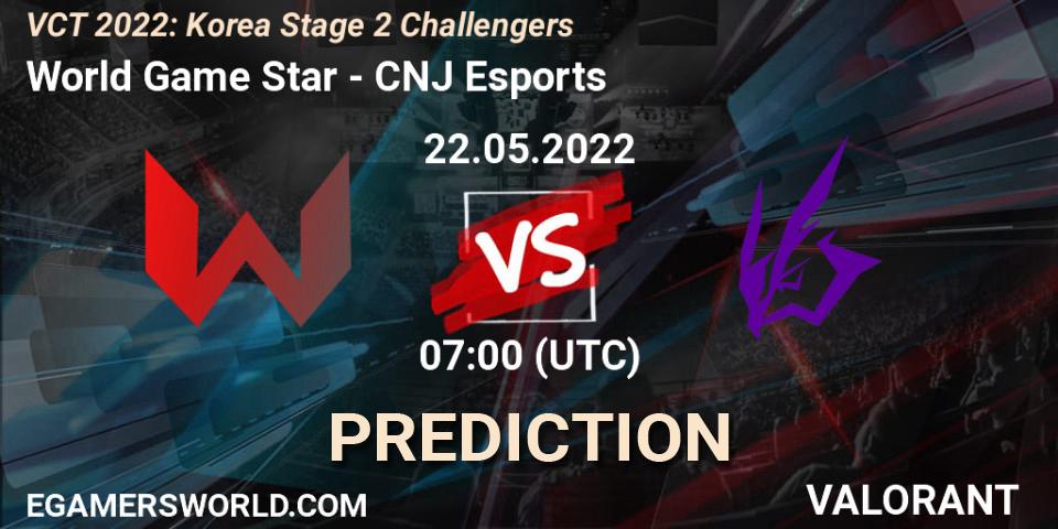 Pronósticos World Game Star - CNJ Esports. 22.05.2022 at 07:00. VCT 2022: Korea Stage 2 Challengers - VALORANT