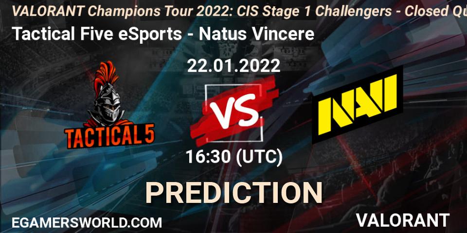 Pronósticos Tactical Five eSports - Natus Vincere. 22.01.2022 at 16:30. VCT 2022: CIS Stage 1 Challengers - Closed Qualifier 2 - VALORANT