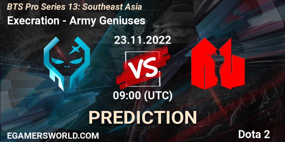 Pronósticos Execration - Army Geniuses. 23.11.2022 at 09:04. BTS Pro Series 13: Southeast Asia - Dota 2