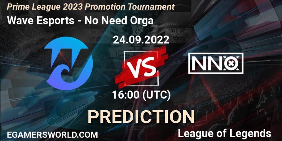 Pronósticos Wave Esports - No Need Orga. 24.09.2022 at 16:00. Prime League 2023 Promotion Tournament - LoL