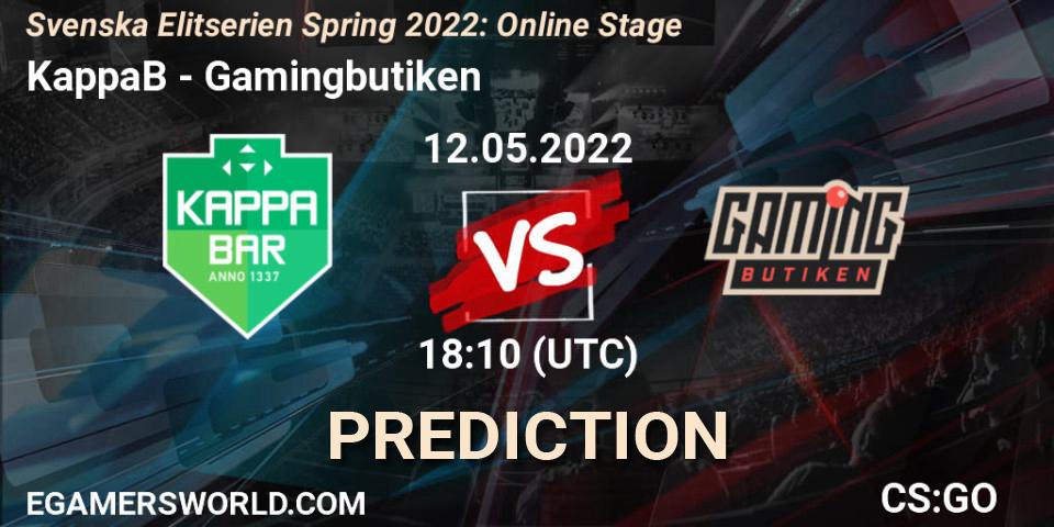 Pronósticos KappaB - Gamingbutiken. 12.05.2022 at 18:10. Svenska Elitserien Spring 2022: Online Stage - Counter-Strike (CS2)