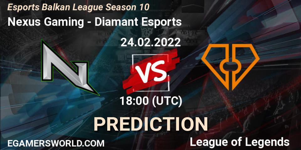 Pronósticos Nexus Gaming - Diamant Esports. 24.02.2022 at 18:00. Esports Balkan League Season 10 - LoL