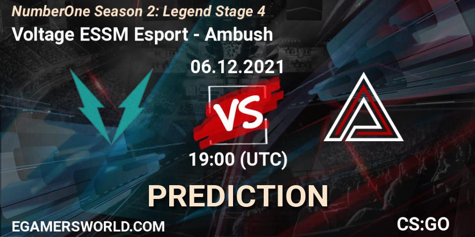 Pronósticos Voltage ESSM Esport - Ambush. 06.12.2021 at 19:00. NumberOne Season 2: Legend Stage 4 - Counter-Strike (CS2)
