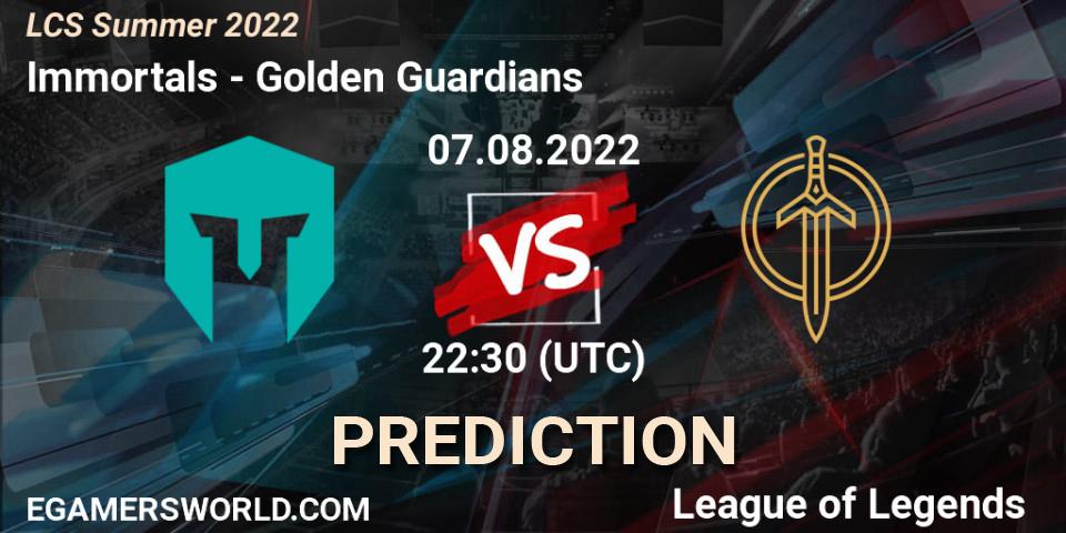 Pronósticos Immortals - Golden Guardians. 07.08.2022 at 22:45. LCS Summer 2022 - LoL