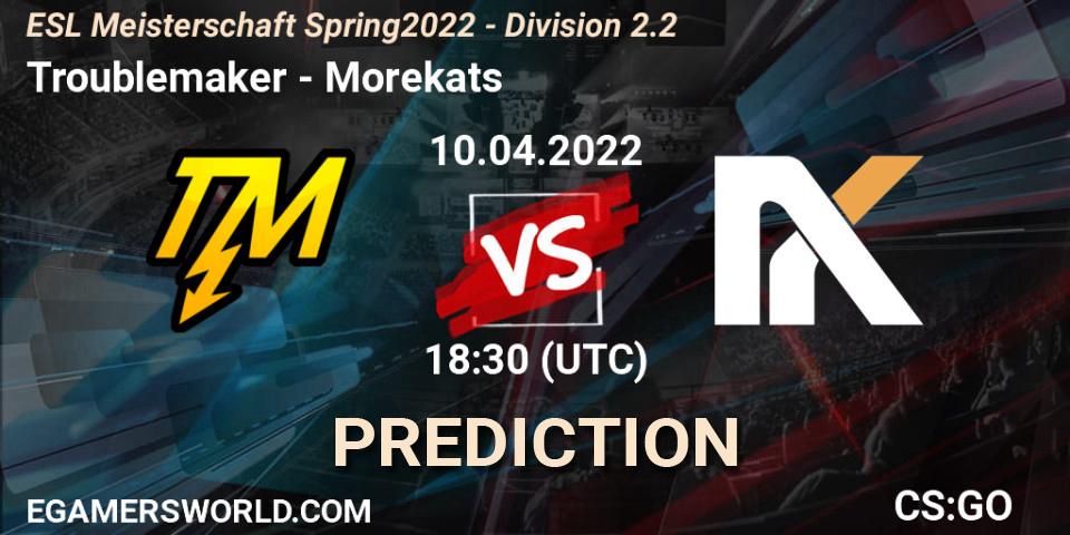 Pronósticos Troublemaker - Morekats. 10.04.2022 at 18:30. ESL Meisterschaft Spring 2022 - Division 2.2 - Counter-Strike (CS2)