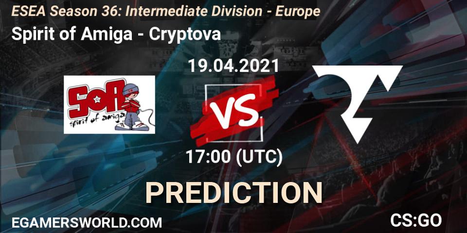 Pronósticos Spirit of Amiga - Cryptova. 19.04.2021 at 17:00. ESEA Season 36: Intermediate Division - Europe - Counter-Strike (CS2)