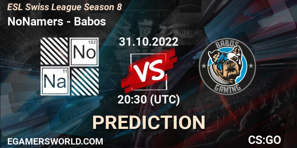 Pronósticos NoNamers - Babos. 31.10.2022 at 20:30. ESL Swiss League Season 8 - Counter-Strike (CS2)