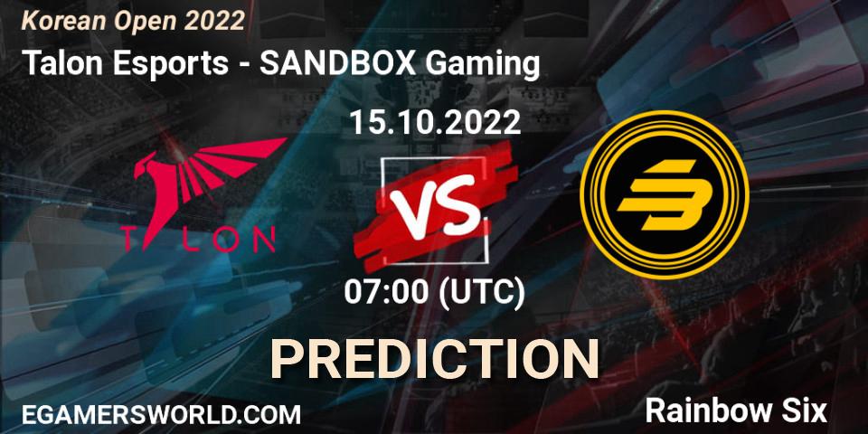 Pronósticos Talon Esports - SANDBOX Gaming. 15.10.2022 at 07:00. Korean Open 2022 - Rainbow Six