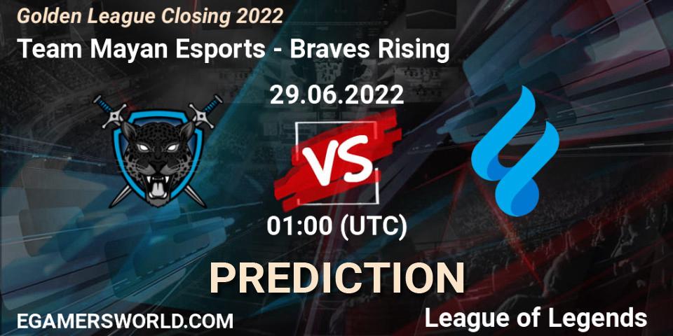 Pronósticos Team Mayan Esports - Braves Rising. 29.06.2022 at 02:00. Golden League Closing 2022 - LoL