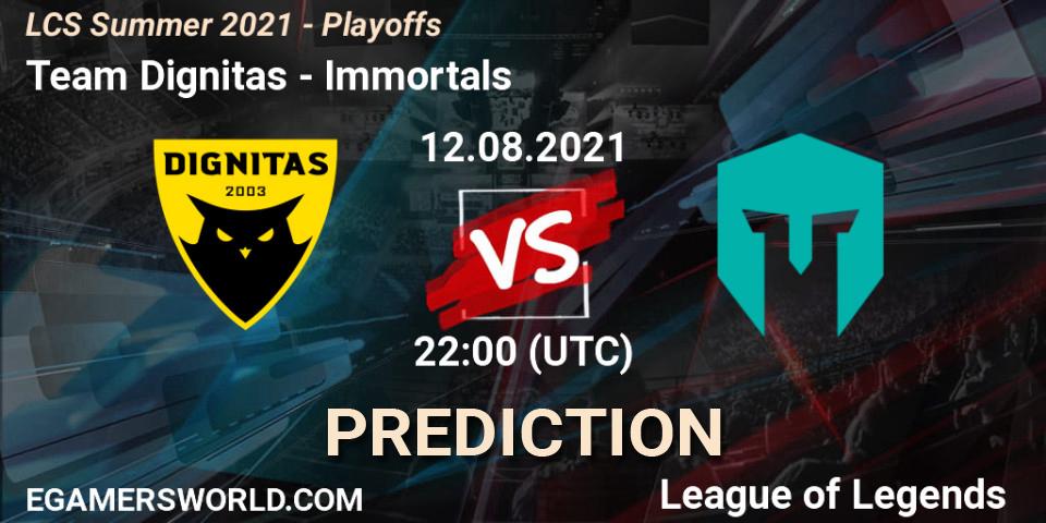 Pronósticos Team Dignitas - Immortals. 12.08.2021 at 22:00. LCS Summer 2021 - Playoffs - LoL