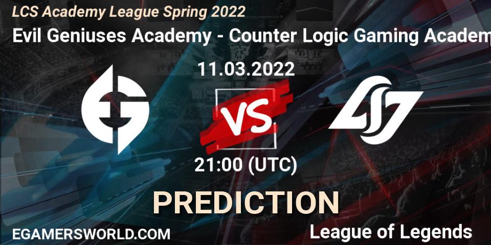 Pronósticos Evil Geniuses Academy - Counter Logic Gaming Academy. 11.03.2022 at 21:00. LCS Academy League Spring 2022 - LoL