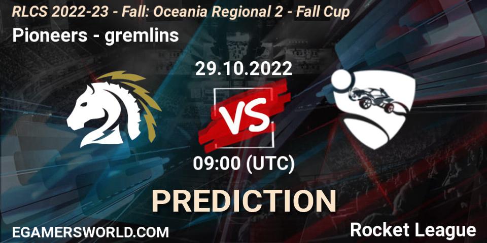 Pronósticos Pioneers - gremlins. 29.10.2022 at 09:20. RLCS 2022-23 - Fall: Oceania Regional 2 - Fall Cup - Rocket League