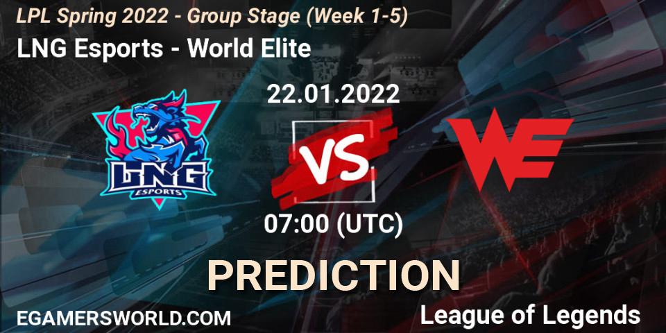 Pronósticos LNG Esports - World Elite. 22.01.2022 at 07:00. LPL Spring 2022 - Group Stage (Week 1-5) - LoL