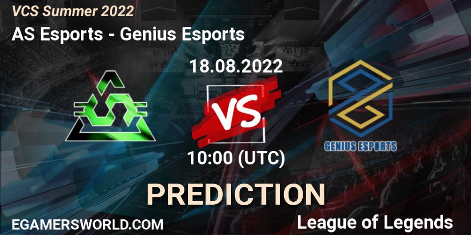 Pronósticos AS Esports - Genius Esports. 18.08.2022 at 10:00. VCS Summer 2022 - LoL