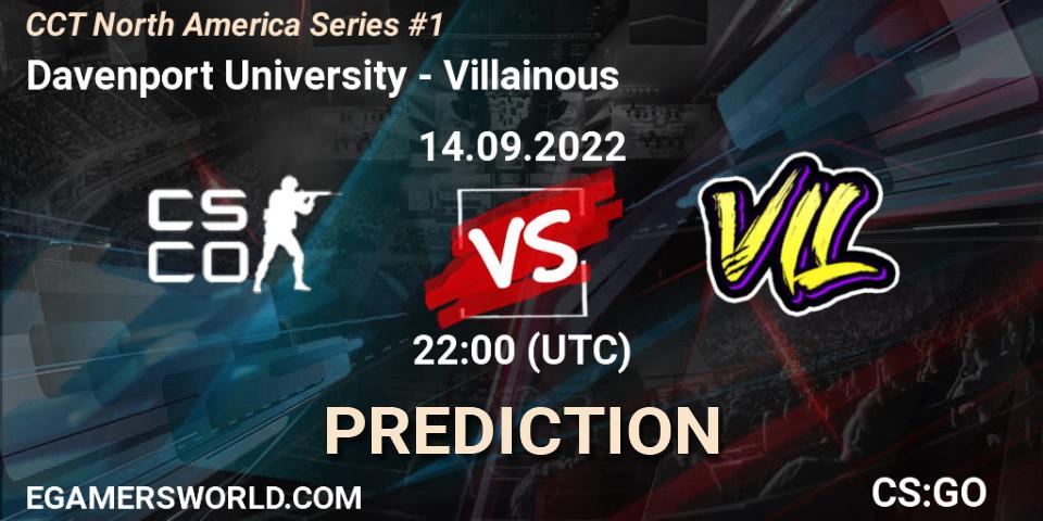 Pronósticos Davenport University - Villainous. 14.09.2022 at 22:00. CCT North America Series #1 - Counter-Strike (CS2)