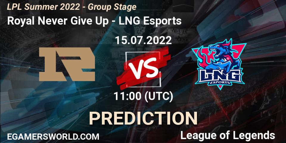 Pronósticos Royal Never Give Up - LNG Esports. 15.07.22. LPL Summer 2022 - Group Stage - LoL