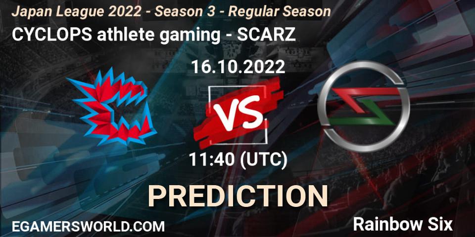 Pronósticos CYCLOPS athlete gaming - SCARZ. 16.10.22. Japan League 2022 - Season 3 - Regular Season - Rainbow Six