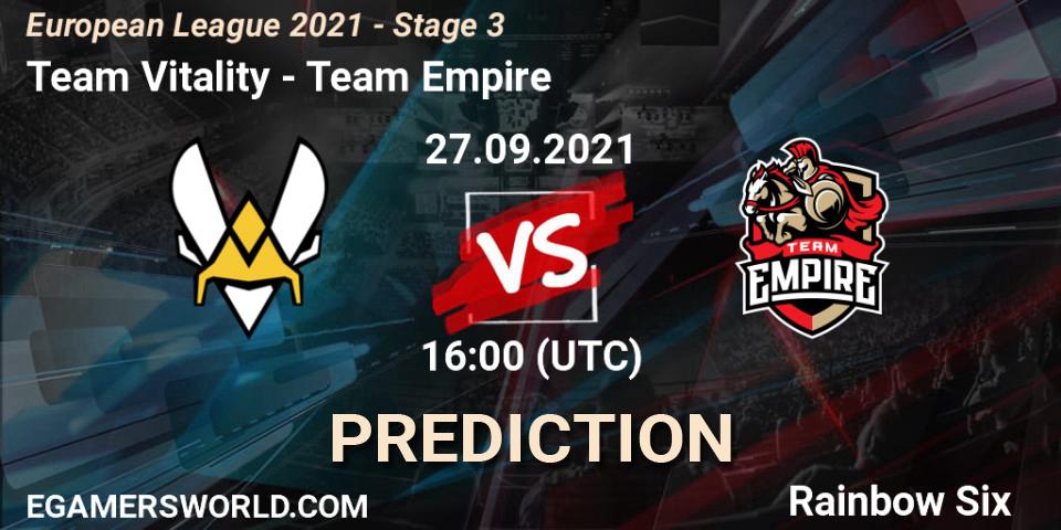 Pronósticos Team Vitality - Team Empire. 27.09.2021 at 16:00. European League 2021 - Stage 3 - Rainbow Six