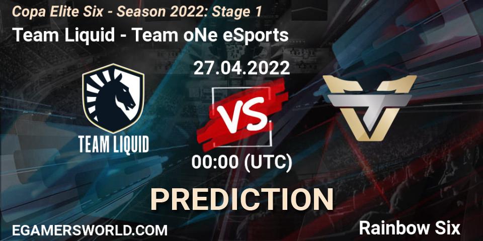 Pronósticos Team Liquid - Team oNe eSports. 27.04.2022 at 00:00. Copa Elite Six - Season 2022: Stage 1 - Rainbow Six