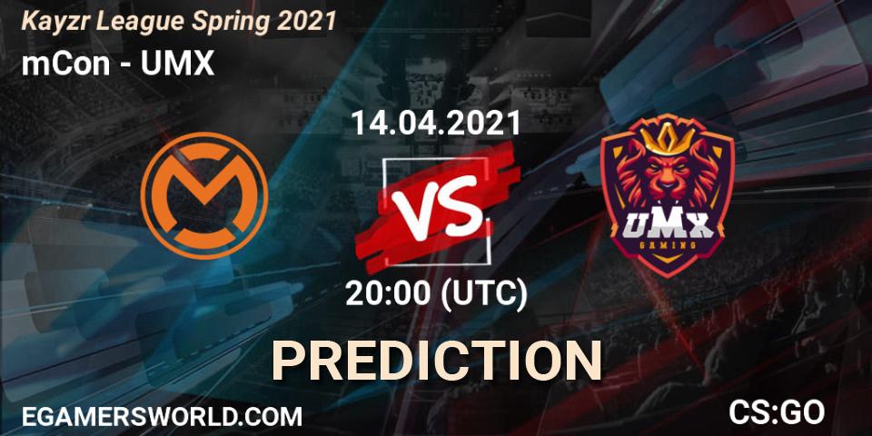 Pronósticos mCon - UMX. 14.04.2021 at 20:00. Kayzr League Spring 2021 - Counter-Strike (CS2)