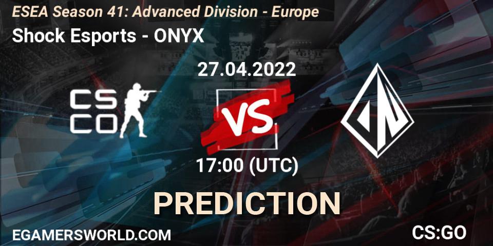 Pronósticos Shock Esports - ONYX. 27.04.2022 at 17:00. ESEA Season 41: Advanced Division - Europe - Counter-Strike (CS2)
