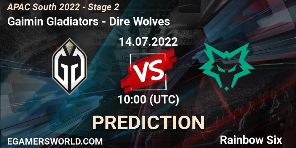 Pronósticos Gaimin Gladiators - Dire Wolves. 14.07.2022 at 10:00. APAC South 2022 - Stage 2 - Rainbow Six