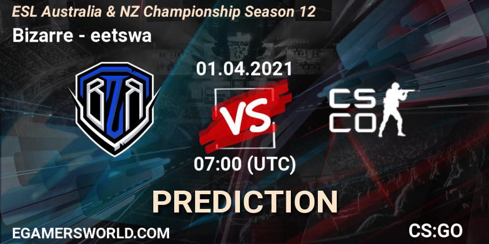 Pronósticos Bizarre - eetswa. 01.04.2021 at 07:00. ESL Australia & NZ Championship Season 12 - Counter-Strike (CS2)