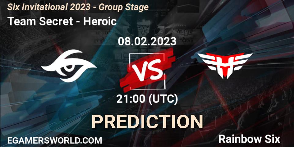 Pronósticos Team Secret - Heroic. 08.02.2023 at 21:15. Six Invitational 2023 - Group Stage - Rainbow Six