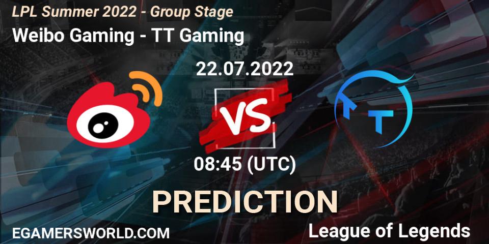 Pronósticos Weibo Gaming - TT Gaming. 22.07.2022 at 09:00. LPL Summer 2022 - Group Stage - LoL