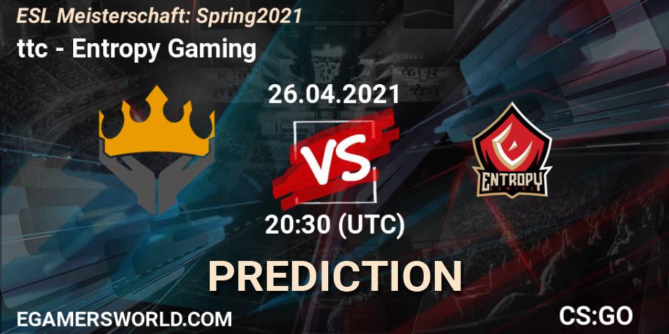 Pronósticos ttc - Entropy Gaming. 26.04.2021 at 20:30. ESL Meisterschaft: Spring 2021 - Counter-Strike (CS2)