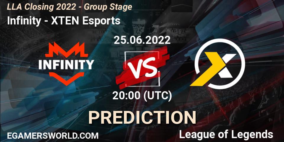 Pronósticos Infinity - XTEN Esports. 25.06.2022 at 23:00. LLA Closing 2022 - Group Stage - LoL
