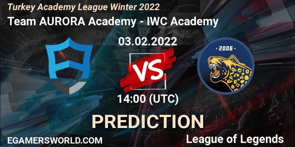 Pronósticos Team AURORA Academy - IWC Academy. 03.02.2022 at 14:00. Turkey Academy League Winter 2022 - LoL