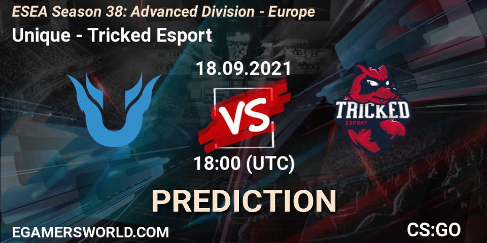 Pronósticos Unique - Tricked Esport. 18.09.2021 at 18:00. ESEA Season 38: Advanced Division - Europe - Counter-Strike (CS2)