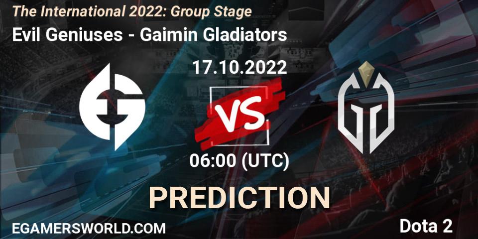 Pronósticos Evil Geniuses - Gaimin Gladiators. 17.10.2022 at 07:29. The International 2022: Group Stage - Dota 2