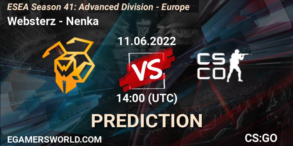 Pronósticos Websterz - Nenka. 11.06.2022 at 14:00. ESEA Season 41: Advanced Division - Europe - Counter-Strike (CS2)