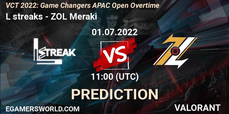 Pronósticos L streaks - ZOL Meraki. 01.07.2022 at 11:00. VCT 2022: Game Changers APAC Open Overtime - VALORANT
