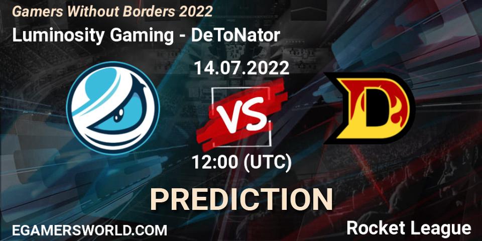 Pronósticos Luminosity Gaming - DeToNator. 14.07.2022 at 12:00. Gamers Without Borders 2022 - Rocket League