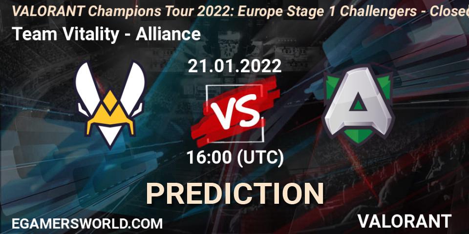 Pronósticos Team Vitality - Alliance. 21.01.2022 at 16:00. VCT 2022: Europe Stage 1 Challengers - Closed Qualifier 2 - VALORANT