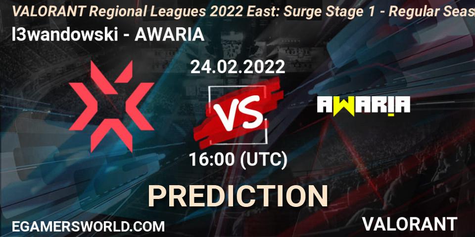 Pronósticos l3wandowski - AWARIA. 24.02.2022 at 16:00. VALORANT Regional Leagues 2022 East: Surge Stage 1 - Regular Season - VALORANT