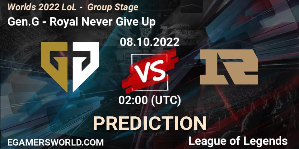 Pronósticos Gen.G - Royal Never Give Up. 08.10.2022 at 02:30. Worlds 2022 LoL - Group Stage - LoL
