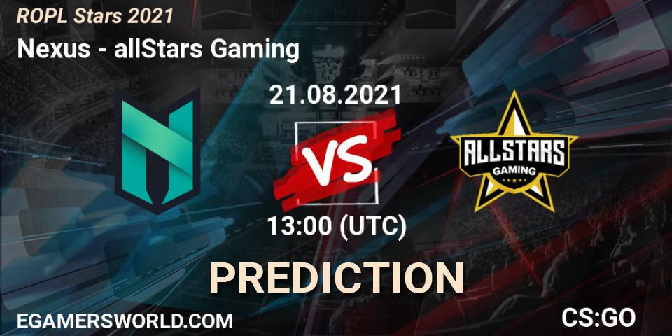 Pronósticos Nexus - allStars Gaming. 21.08.2021 at 16:45. ROPL Stars 2021 - Counter-Strike (CS2)