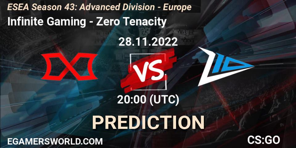 Pronósticos Infinite Gaming - Zero Tenacity. 28.11.2022 at 20:00. ESEA Season 43: Advanced Division - Europe - Counter-Strike (CS2)