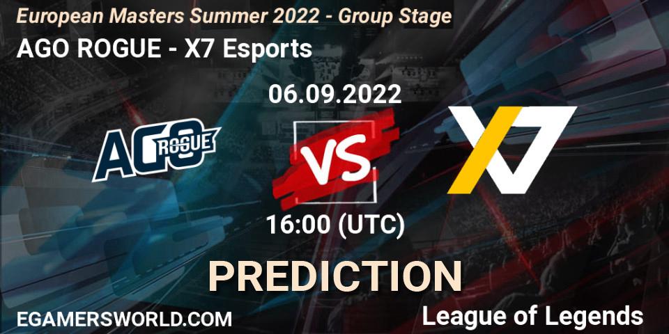 Pronósticos AGO ROGUE - X7 Esports. 06.09.2022 at 16:00. European Masters Summer 2022 - Group Stage - LoL