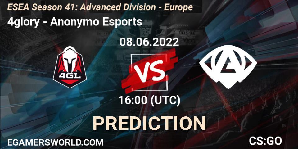Pronósticos 4glory - Anonymo Esports. 08.06.2022 at 16:00. ESEA Season 41: Advanced Division - Europe - Counter-Strike (CS2)