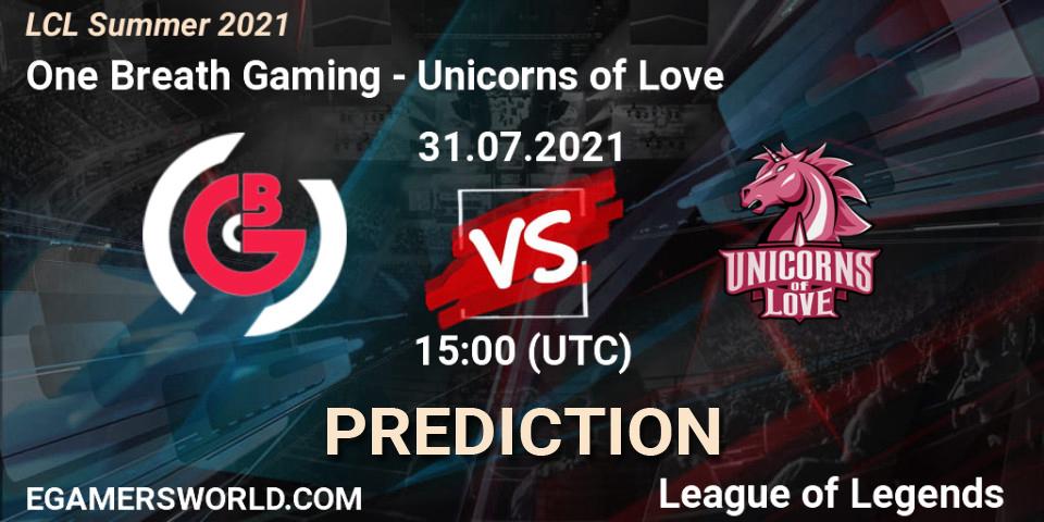 Pronósticos One Breath Gaming - Unicorns of Love. 31.07.2021 at 15:00. LCL Summer 2021 - LoL