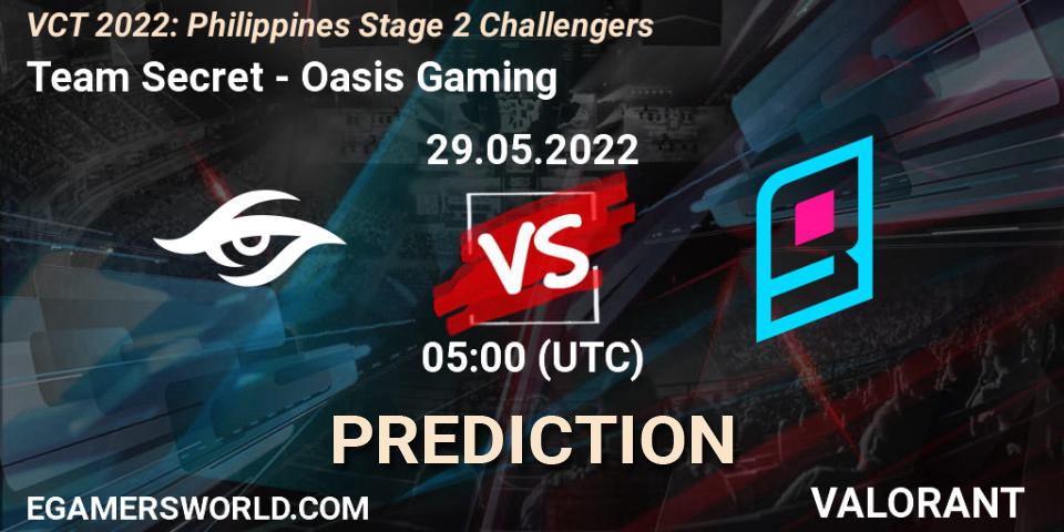 Pronósticos Team Secret - Oasis Gaming. 29.05.2022 at 05:00. VCT 2022: Philippines Stage 2 Challengers - VALORANT